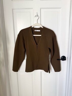 ZARA Brown Open-Front V-Neck Knit Cardigan
